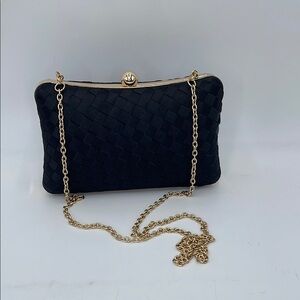 Jewel Badgley Mischka Woven Black Satin Clutch Bag